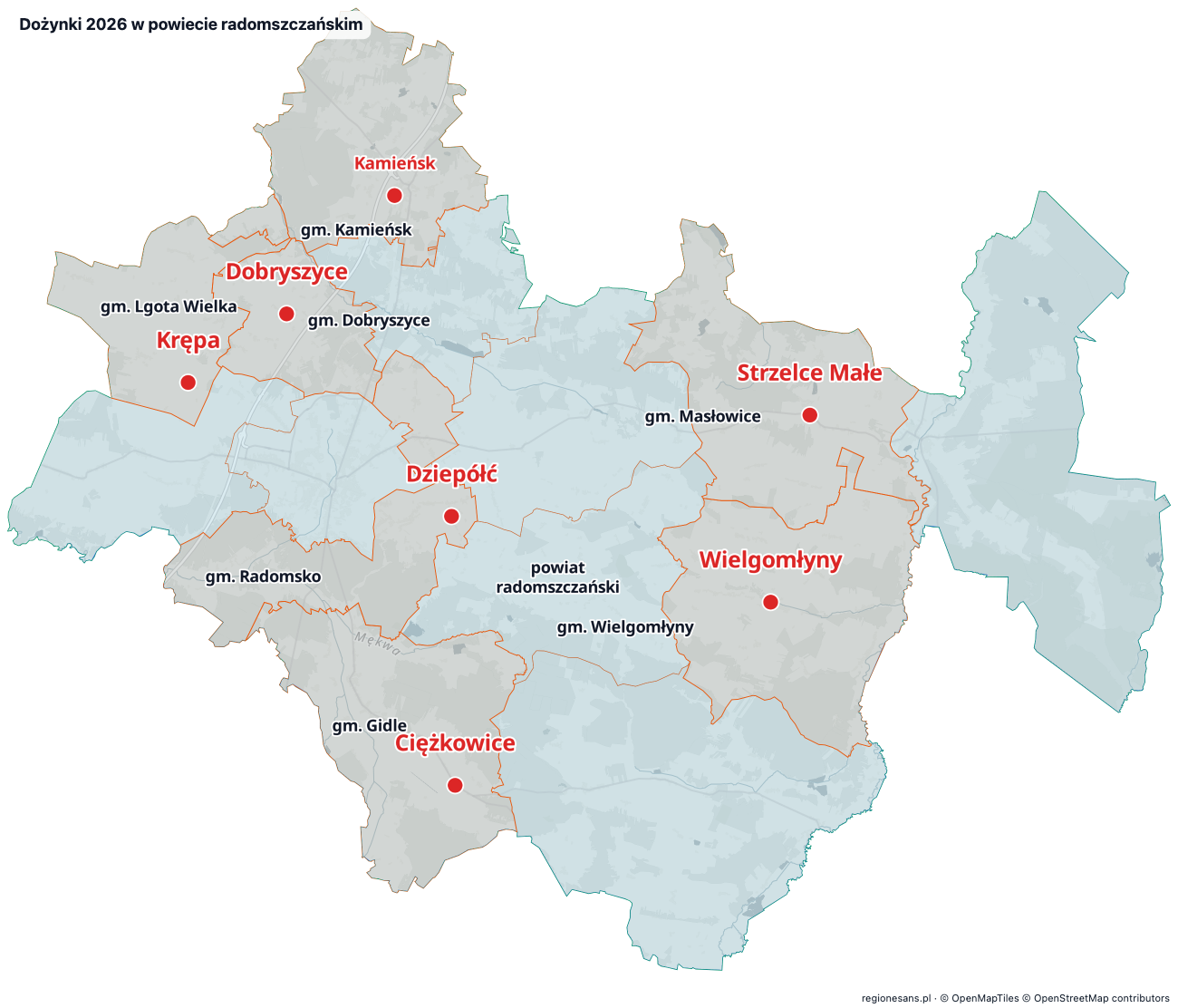 Mapa powiatu radomszczańskiego z zaznaczonymi siedmioma miejscowościami tegorocznych dożynek