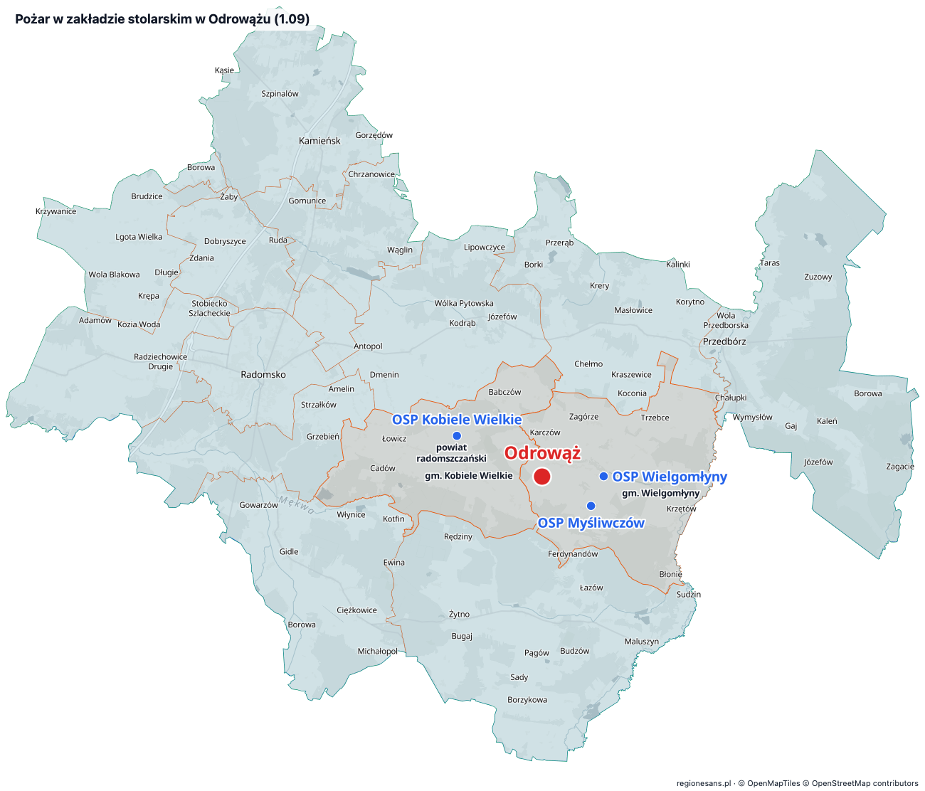 Mapa powiatu radomszczańskiego: miejsce pożaru w Odrowążu i trzy jednostki OSP biorące udział w akcji